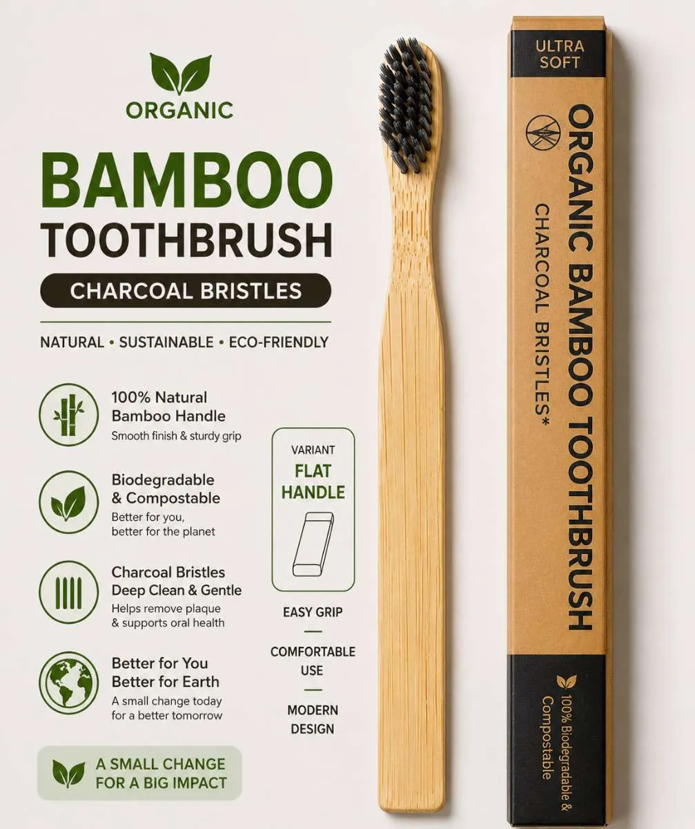 Organic Bamboo Toothbrush with Charcoal Bristles | Eco-Friendly, Biodegradable, Soft Bristles | Deep Cleaning Toothbrush for Adults