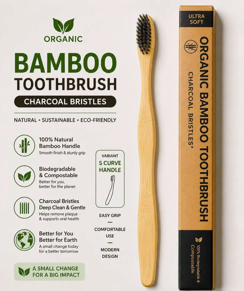 Organic Bamboo Toothbrush with Charcoal Bristles | Eco-Friendly, Biodegradable, Soft Bristles | Deep Cleaning Toothbrush for Adults