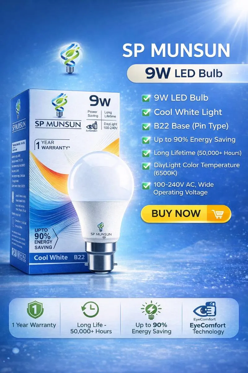 Buy SP MUNSUN 9W LED Bulb – Cool White Daylight (6500K), B22 Pin Base, EyeComfort Technology, 1-Year Warranty Online at Best Price